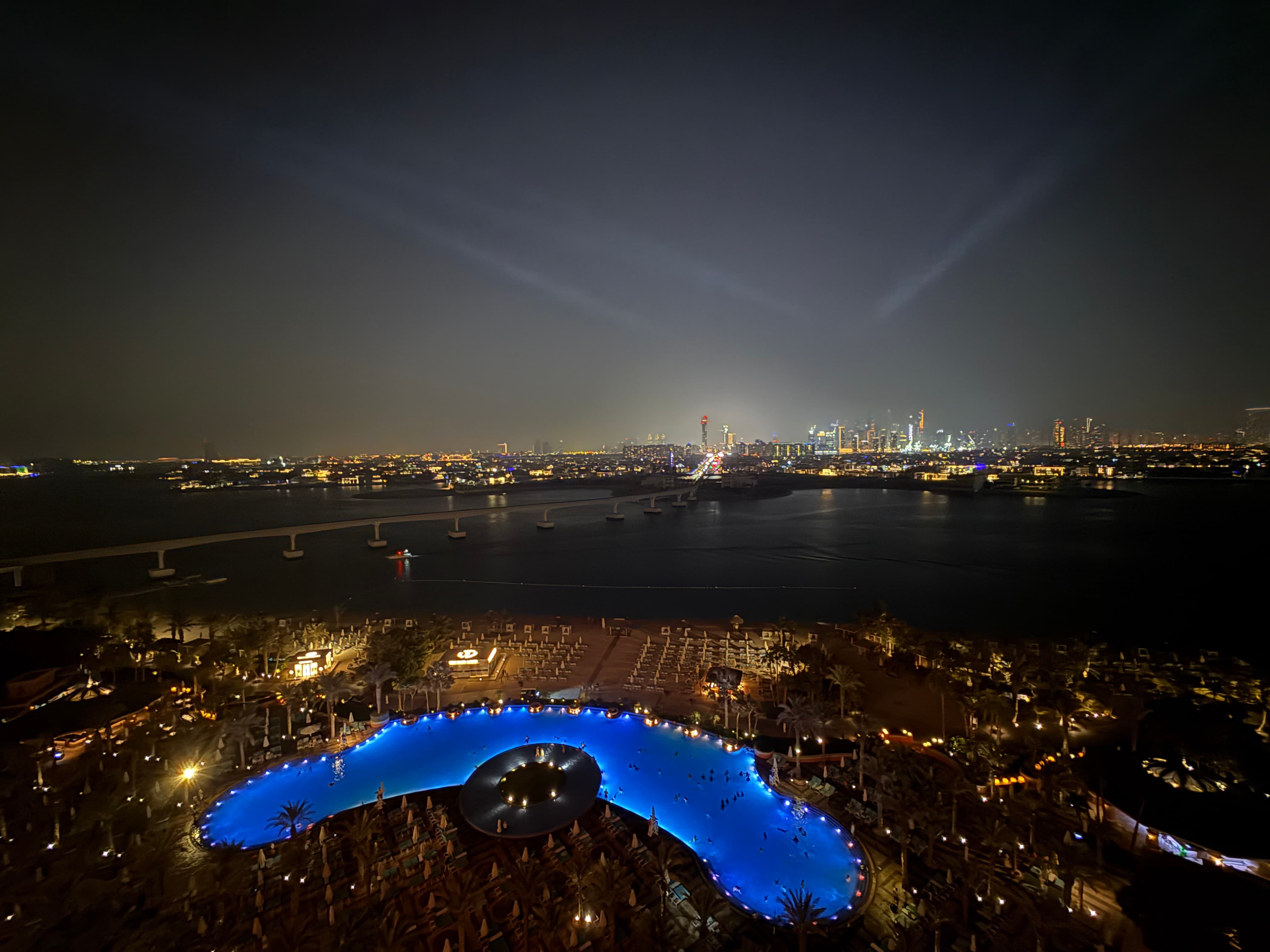 Dubai at night, Atlantis pool and city skyline