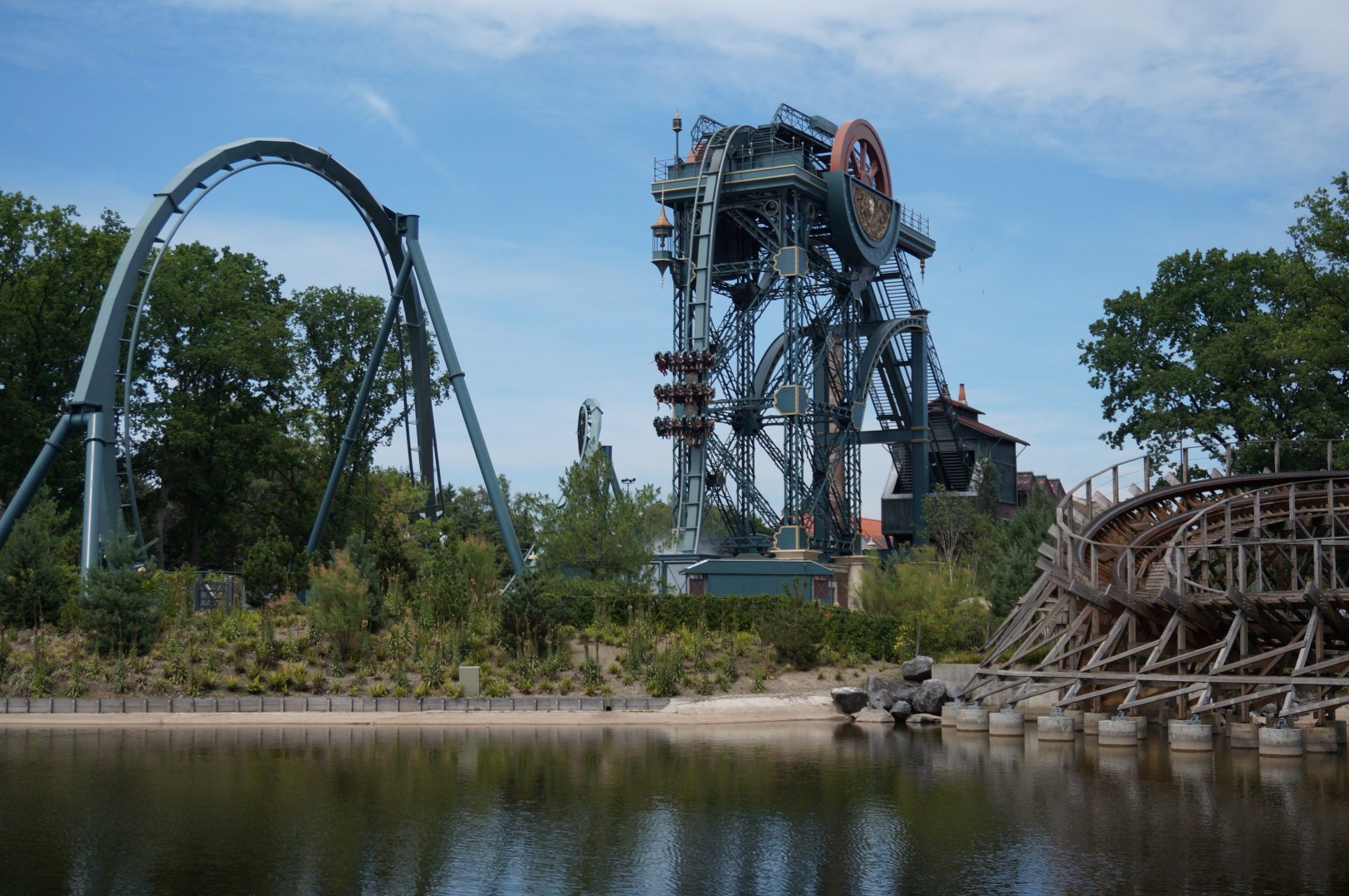 Efteling — Baron 1898 rollercoaster and wooden coaster across the lake