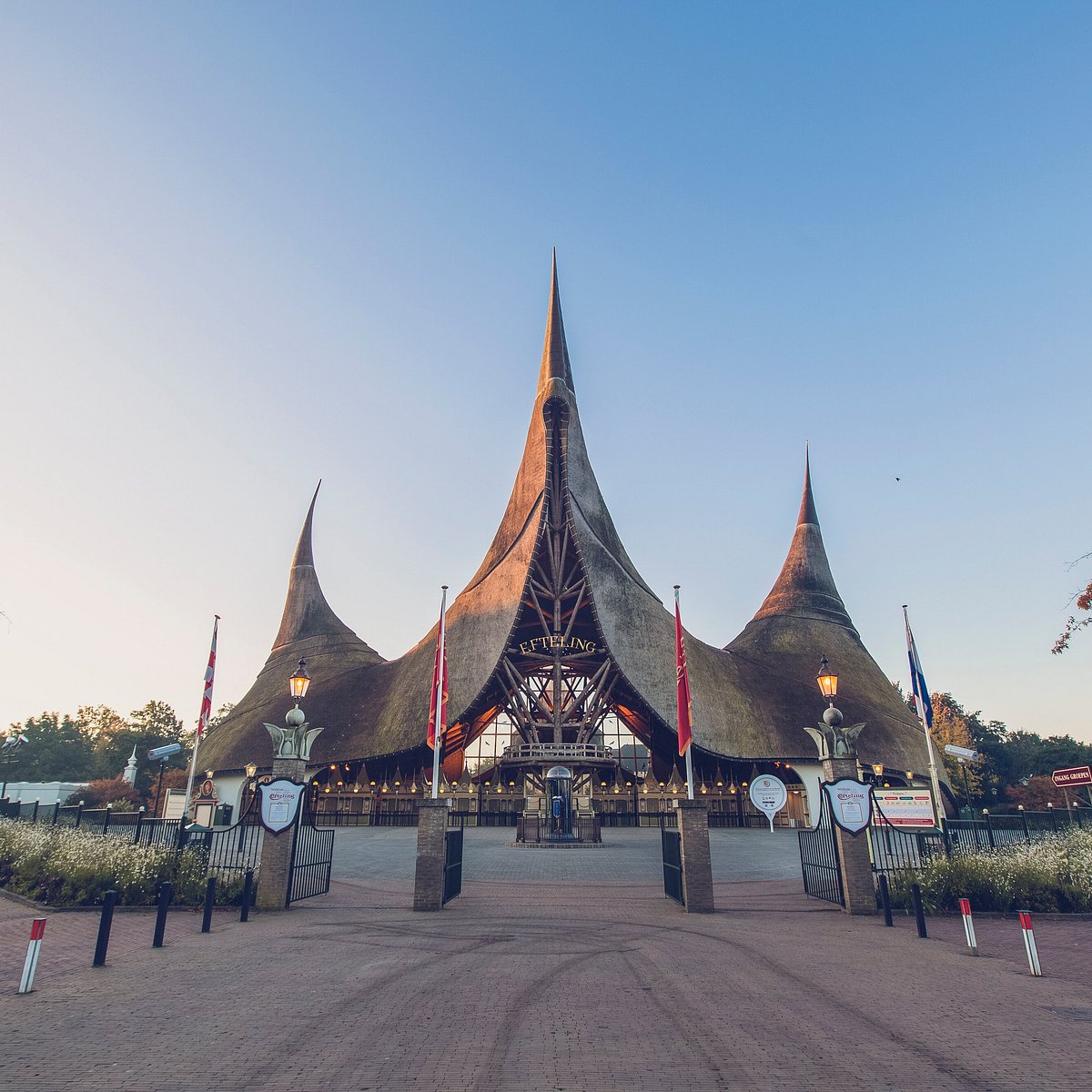 Efteling — the dramatic entrance building against blue sky