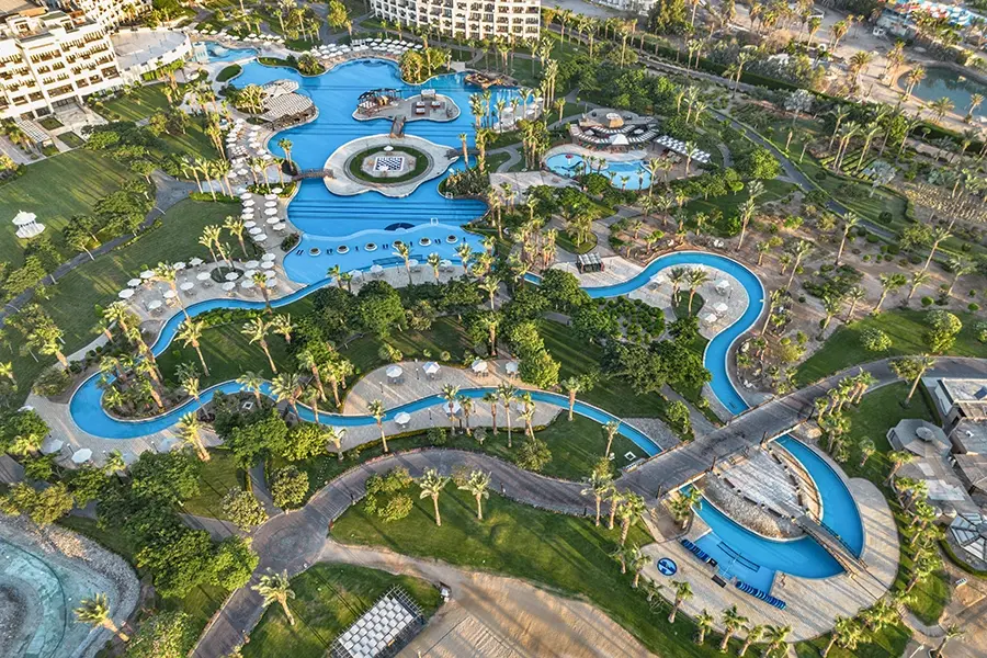 Aerial view of the Steigenberger Al Dau resort pools and grounds